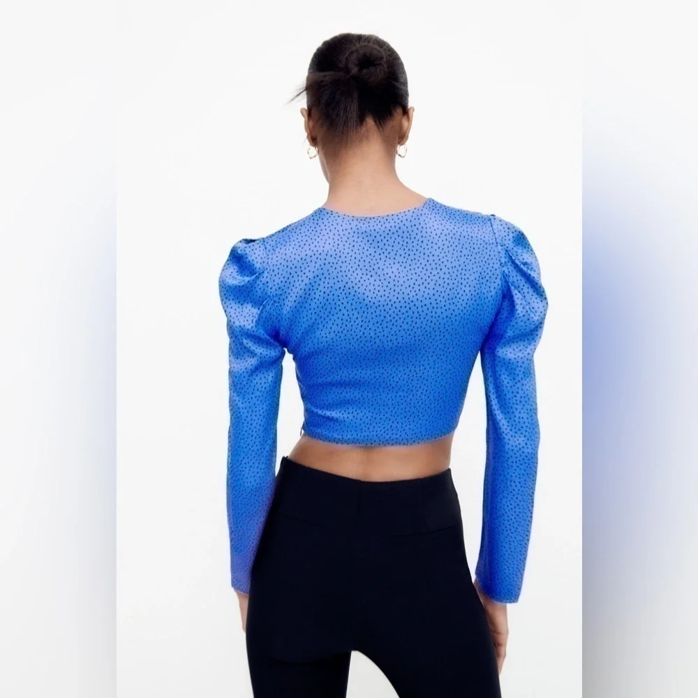 Zara Satin Blue Dot Cropped Long Sleeve Top ✨